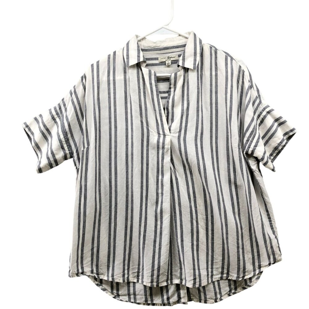 Jachs Girlfriend Shirt Womens S White Gray Striped Linen‎ Cotton Short Sleeve